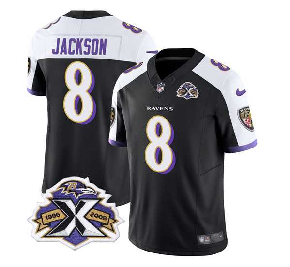 Men & Women & Youth Baltimore Ravens #8 Lamar Jackson Black White 2023 F.U.S.E With Patch Throwback Vapor Limited Stitched Jersey